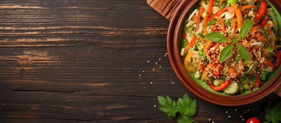 A healthy vegan concept featuring a fresh cabbage salad with organic vegetables and sesame seeds on a ceramic plate Presented on a wooden background in a top view flat lay style highlighting a copy sp