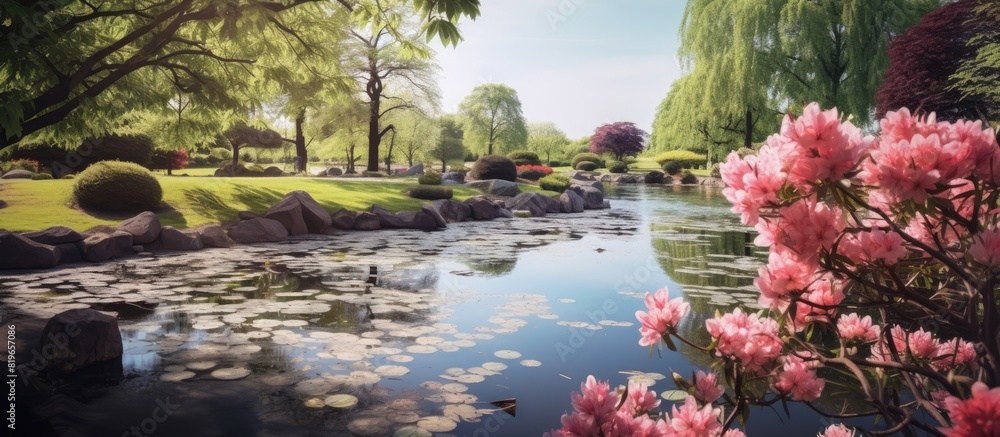 Poster scenic garden with serene pond and lush greenery perfect for outdoor activities and relaxation with 