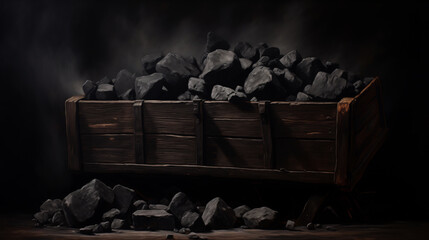Fototapeta premium pile of coal is sitting in a wooden crate