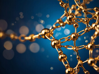 Molecular Glamour, Golden Molecules Forming Chains on Blue Background, Representing Health and Beauty in Cosmetics.