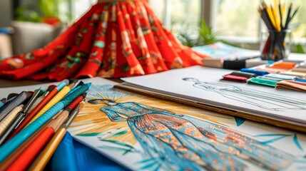Fashion design sketch with colorful markers and fabric samples on a table, vibrant creative workspace.