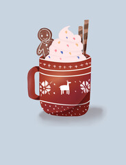 Close up shot of cup of hot cacao with bunch of marshmallow on top, Christmas tree with traditional decorations and presents underneath, blurry bokeh light background.