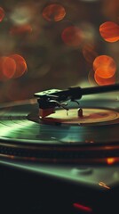 Vintage Vinyl Record Player in Action - Close-up of a stylus on a spinning vinyl record. Captures the essence of analog music with a vintage aesthetic.