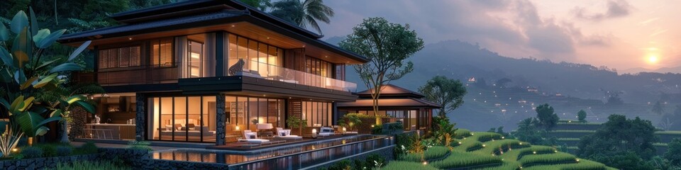 Tranquil Luxury TwoStory Home with Infinity Pool Overlooking Lush Rice Terraces at Dusk