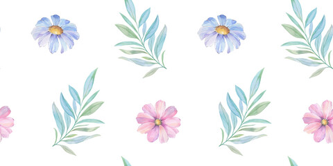 Seamless floral design with flowers and leaves for background, abstract endless pattern. Watercolor illustration and digital drawing of leaves on branches