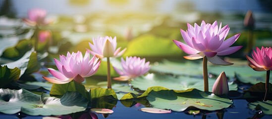 Flowers like lotus blossoms or water lilies in bloom showcased on a pond in a serene setting with copy space image