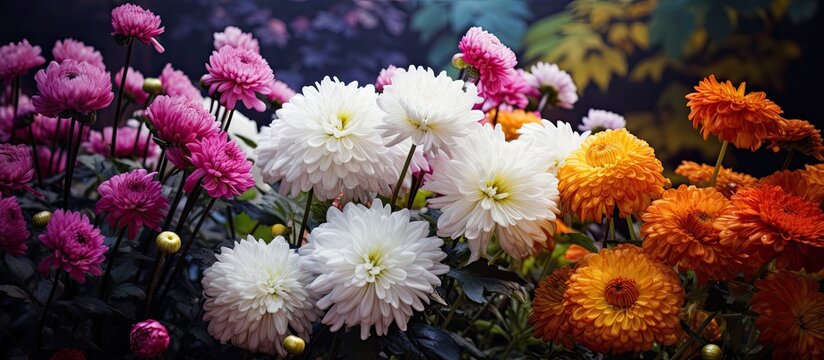 Benjamas flowers in the garden with beautiful chrysanthemums mums and chrysanths with a copy space image