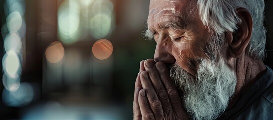 A banner with a gray-haired old man who prays with folded arms and closed eyes. Copy spase.