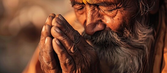 An elderly man with gray hair prays in the sunset with folded arms and closed eyes. Close-up.
