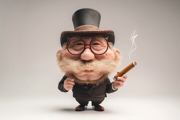Funny Character with Glasses and a Bowler Hat Smoking a Cigar on a White Background, Ideal for Text Placement