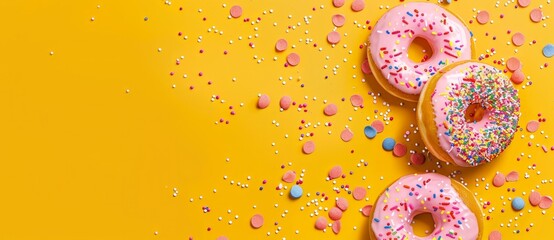 Donuts with pink glaze and colorful sprinkles on a yellow background