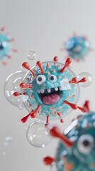 Cheerful Antivirus Bubble Washing Away Adorable Virus Character on White Background