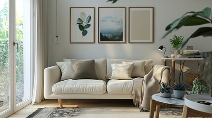 Fototapeta premium Frame mockup, wall poster frame, simple home room background