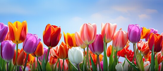 Dutch tulips in vivid spring colors from Keukenhof Park as a background with copy space image