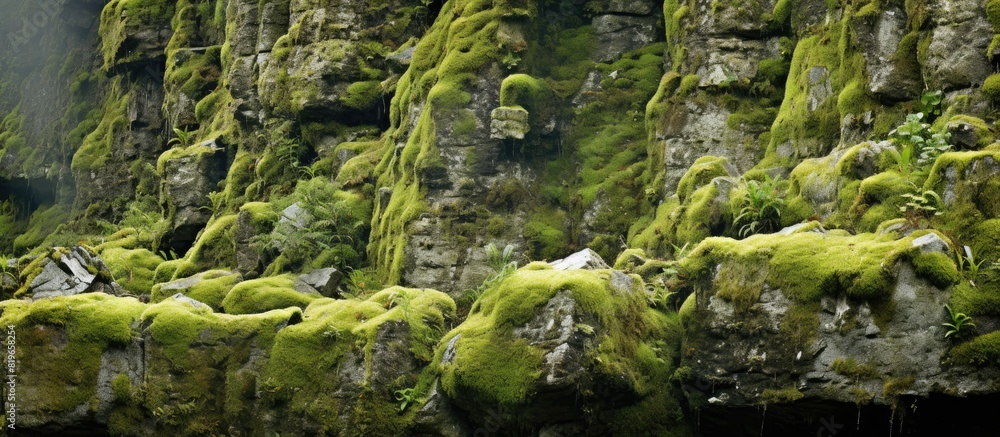 Poster a composite image displaying various sections of a moss covered rocky ravine in the highlands of igu