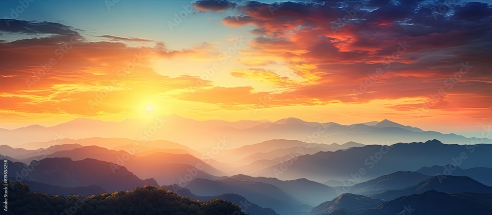 Poster view of a stunning and colorful sunset in the mountains with a captivating copy space image