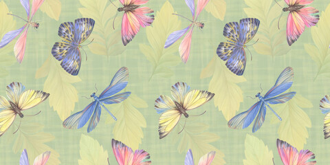 butterflies and dragonflies seamless pattern drawn in watercolors in digital processing, for the design of wallpaper, wrapping paper, textiles, delicate repeating pattern of flying insects