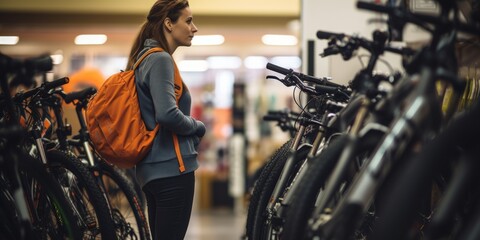 A young girl cyclist chooses a bike for herself in a bike shop. Generative AI.