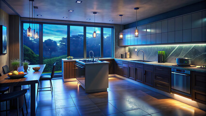 Elegant modern kitchen with sleek countertops, stainless steel appliances, and abundant natural light