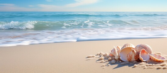 A serene seascape with waves gently caressing a pristine sandy shore adorned with shells creating a picturesque coastal scene with a tranquil copy space image