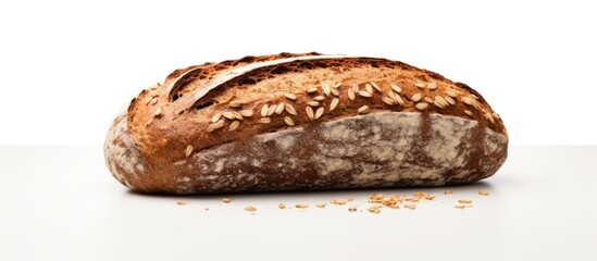 Horizontal copy space image featuring whole grain rye bread with seeds on a white backdrop