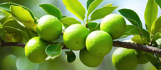 Ripe green limes on a tree have an acidic taste and are very sour commonly used in sauce recipes due to their freshness and high vitamin C content Includes a copy space image