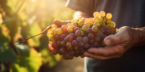 A farmer holds a bunch of grapes in his hands. Close-up of harvesting. Generative AI.