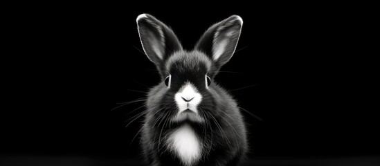 beautiful black and white rabbit on a black background the animal looks straight. Copy space image. Place for adding text and design
