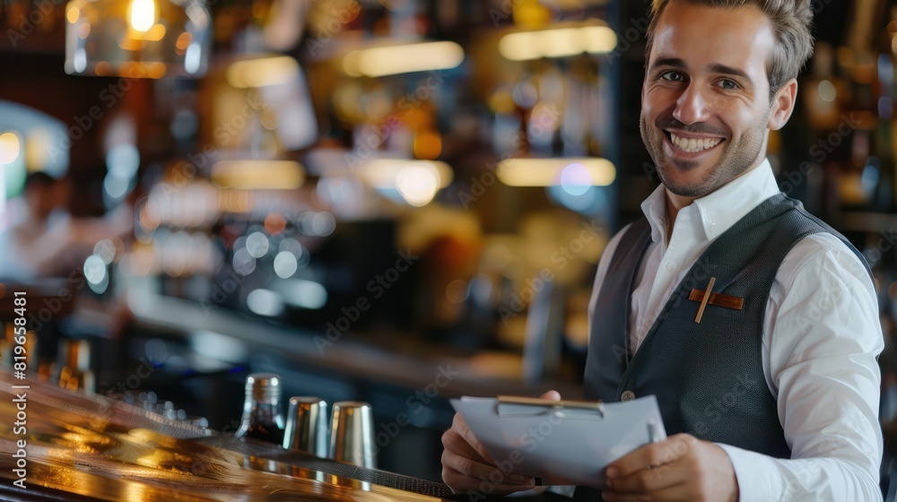 Aufkleber an upbeat waiter, dressed in smart work attire, smiles warmly as he makes notes in his notepad while