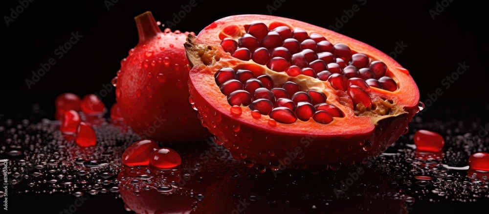 Poster a juicy red fruit with seeds on the outside commonly used in desserts. copy space image. place for a