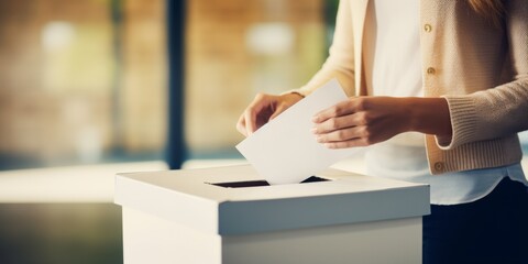 A young woman casts a ballot into a ballot box at a polling station. Generative AI.