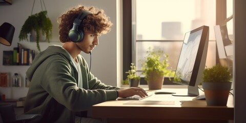 A young guy in headphones works on a computer at a table at home. Generative AI.