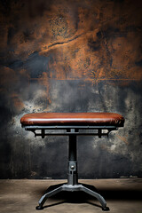 interior vintage leather gym bench with metal legs, industrial style background, grunge, brown color palette, rusted wall, photorealistic // ai-generated 