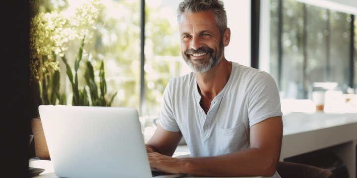 A bearded middle-aged man works at home at a table on a laptop, smiling. happy. Generative AI.