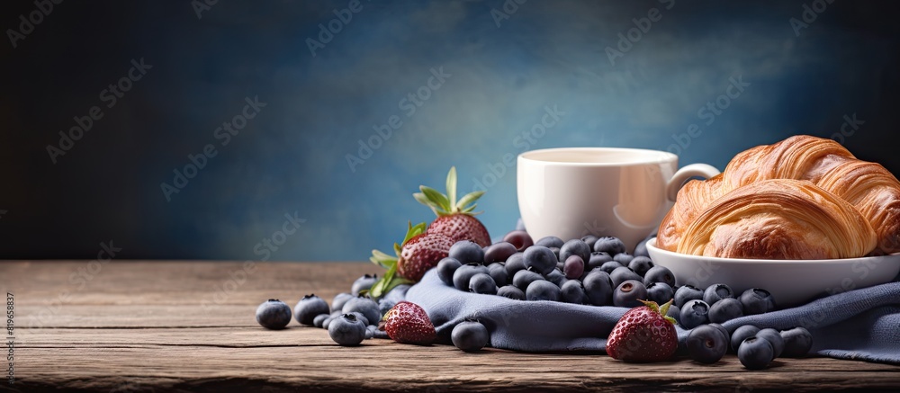 Poster studio photo of a breakfast spread featuring a cappuccino fresh blueberries and a croissant with spa