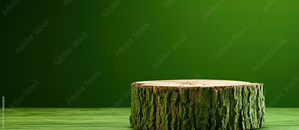 Poster a photo showing a tree stump on a green background isolated with copy space image