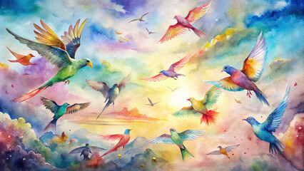 A colorful watercolor painting capturing the vibrant life of a bustling aviary, with birds of all feathers taking flight against a pastel sky backdrop