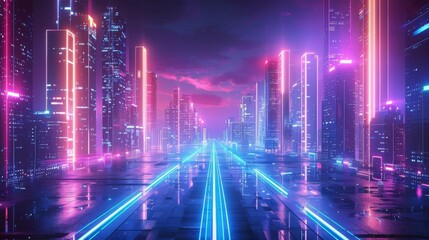 Futuristic cityscape with glowing neon lights and Pride elements around the edges, central area left blank for text