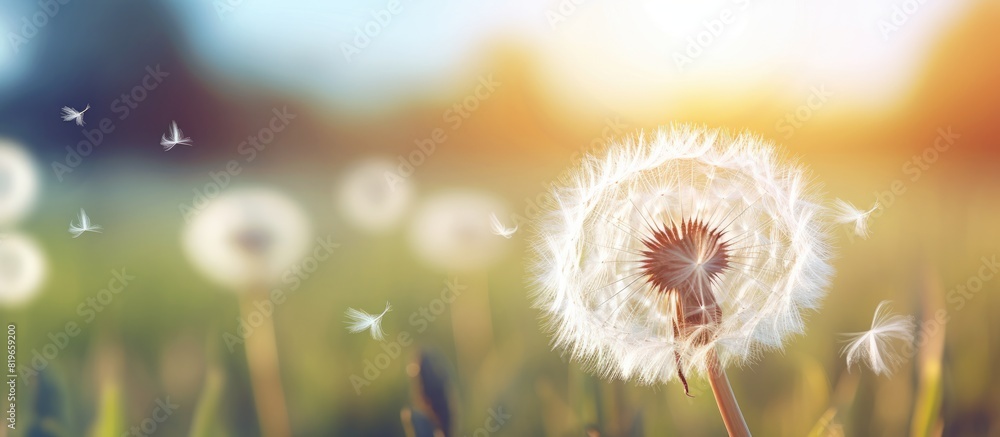 Poster macro shot of a white dandelion with seeds featuring a soft focus effect the background is naturally