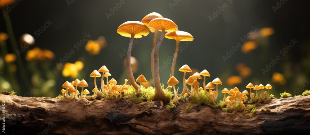 Aufkleber A cluster of small brown mushrooms sprouts from a stump with numerous yellow mushrooms beneath an aged tree creating an enchanting copy space image
