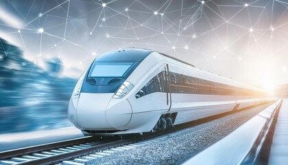Obraz premium modern train with speed light effect, space for text. high tech transportation. Fast trip. Travel banner