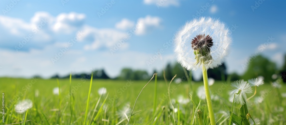 Poster a dandelion s white fluff in a field with copy space image