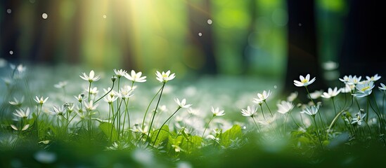 Stellaria holostea white wildflowers bloom in a forest clearing creating a serene setting with a peaceful ambiance for a copy space image