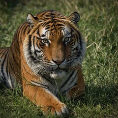 Fototapeta premium A tiger crouched low in the grass, ready to pounce on its prey.