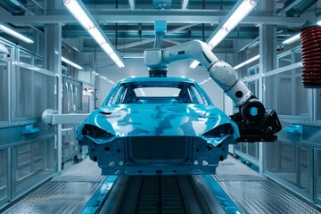 Passenger car production factory, industrial robot painting blue car body in paint chamber