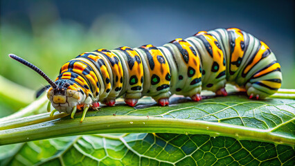 Detailed image of a caterpillar munching on a green leaf, with clear background