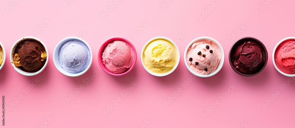 Poster top view of a collection of bowls filled with colorful ice cream scoops in various flavors and fresh