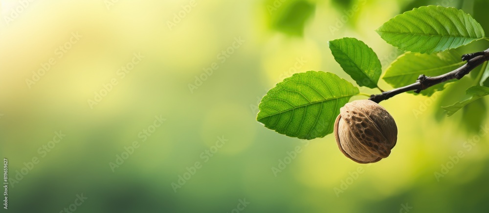 Poster a young walnut photographed at sunset on a tree with leaves against a green background creating a pi