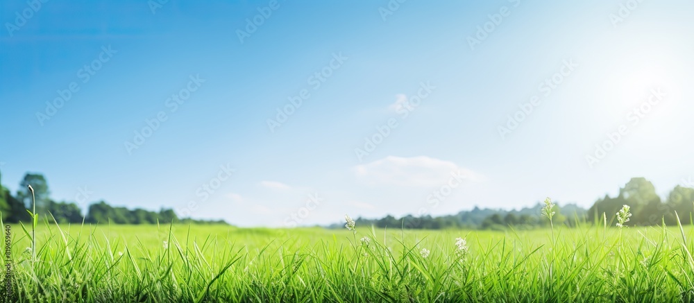 Poster a scenic green nature background with a grass field provides a calm and refreshing copy space image