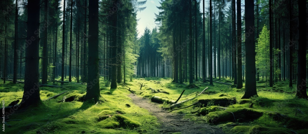 Poster spring coniferous forest scenery with copy space image